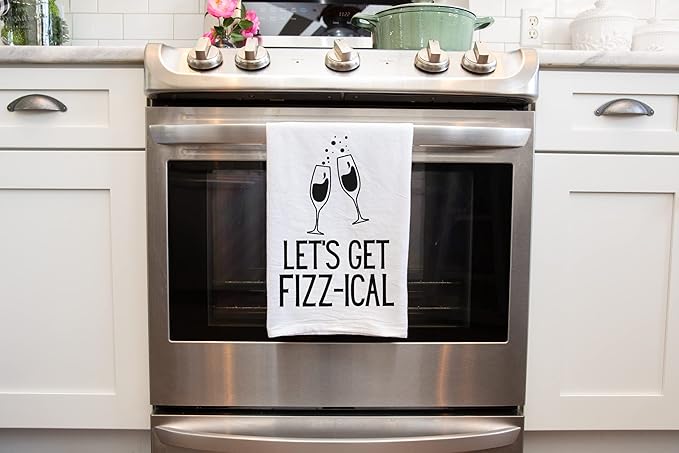 Handmade Funny Kitchen Towel - 100% Cotton Cheeky Champagne Toast Hand Bar Towels for Kitchen - 28x28 Inch Perfect for Hostess Housewarming Christmas Mother’s Day Birthday Gift (Let's Get Fizz-ical)
