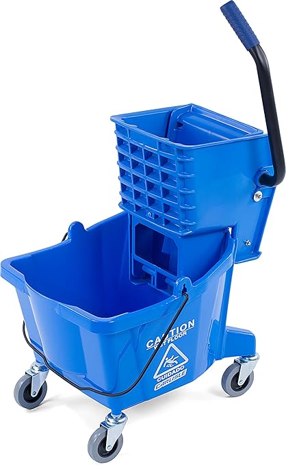 Carlisle FoodService Products 26-Quart Commercial Mop Bucket with Side-Press Wringer, Precision-Molded Polypropylene, Durable Wringer, Bucket with Non-Marking Casters, 18.5 x 16.5 x 23 Inches, Blue