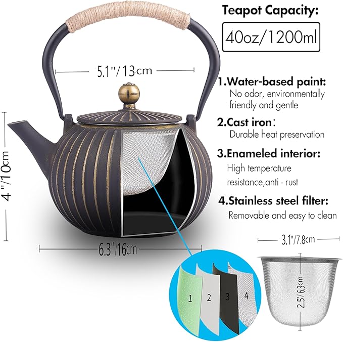 Japanese Tetsubin Cast Iron Teapot 40oz（1200ML) - Enamel Coated Interior & Removable Stainless Steel Infuser, Stovetop Safe Kettle for Tea Ceremony (Black Gold)
