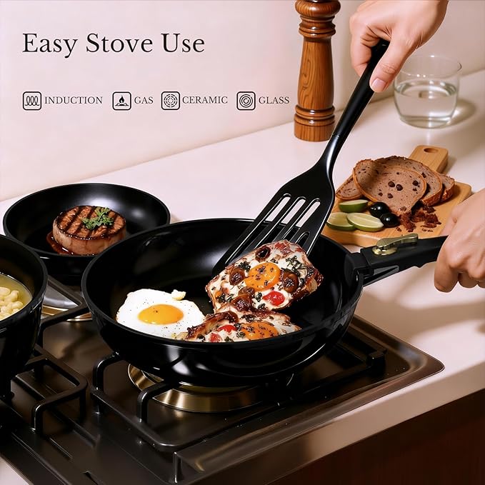 Pots and Pans Set Non Stick, Ceramic Cookware Set Detachable Handle, RV Camping Kitchen Cooking Set Removable Handles, Dishwasher/Oven/Fridge Safe, Induction, Space Saving，Black Gold