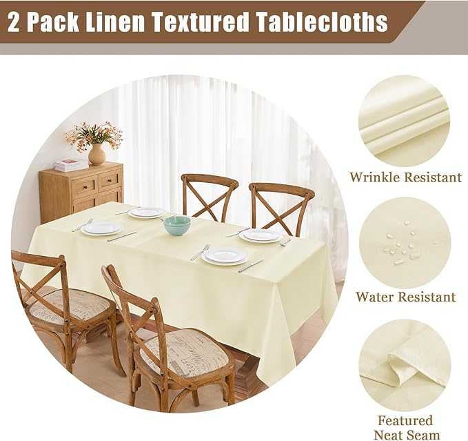 Faux Linen Tablecloths for Rectangle Tables, 2 Pack Burlap Textured Table Cloths Washable Farmhouse Table Cover Water Resistant for Dining, Wedding, Outdoor(Ivory, 52"×70")