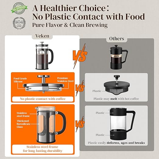Veken French Press Coffee Maker 34oz, No Plastic Touching Cafe,Thickened Glass Stainless Steel Brewer, Cold Brew Cafetera Tea pot for Kitchen Travel Camping, Gifts, Decor, Bar Accessories, Dark Pewter