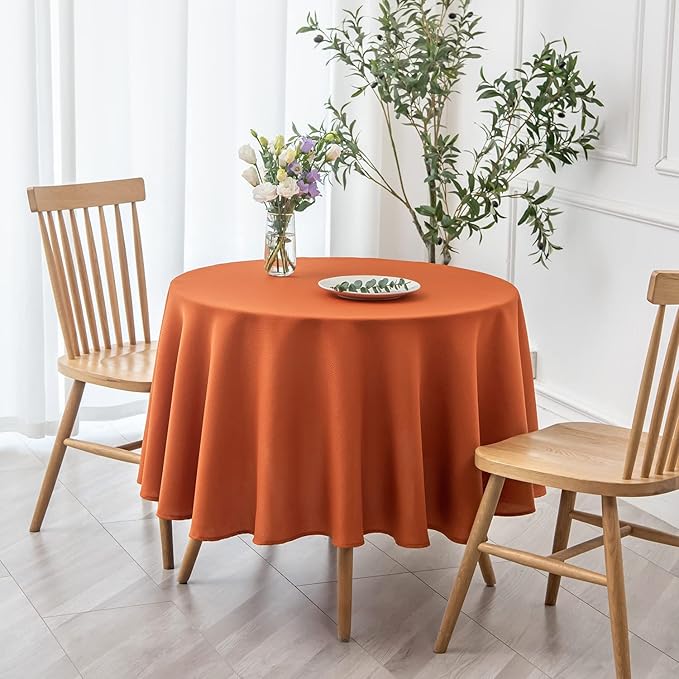 maxmill Round Textured Tablecloth Spill-Proof Wrinkle Free Soft Jacquard Table Cloth for Circular Table Cover, for Dining Room Buffet Banquet Parties Holiday Dinner, 70 Inch, Rust