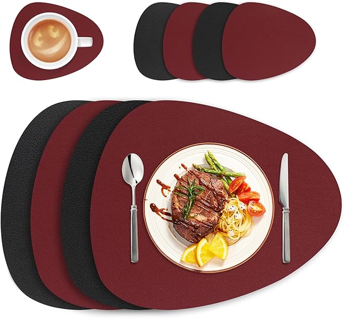 Faux Leather Placemats and Coasters Set of 4/8/12 Dual-Sided Round Place Mats for Kitchen Dining Coffee Oval Modern Table Mates(Red Black,Set of 12)