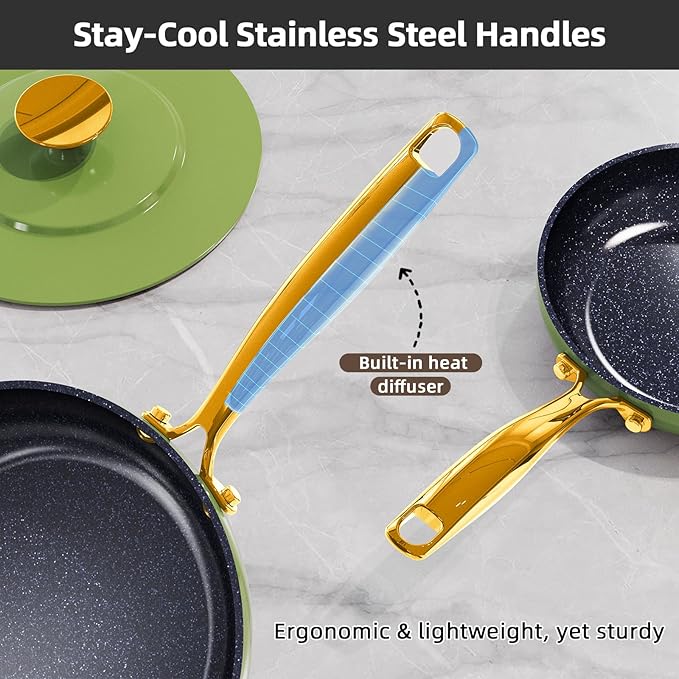 Nuwave Lux LE 13-Pc Cookware Set with Elegant Gold Handle, Diamond Infused Ceramic Non-Stick, PFAS Free, Premium Metal Lids, Ergonomic Stay-Cool Handles, Induction Ready & Compatible w/All Cooktops