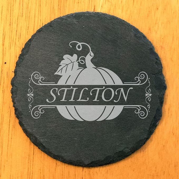 Personalized Monogram Family Coasters, Natural Stone Set, Birthday, Wedding, Customized, Rustic - Round Slate - Set of 5