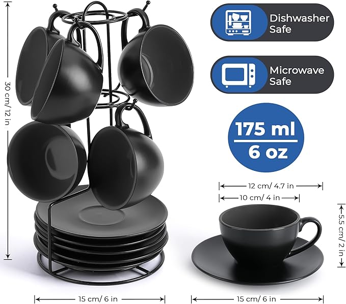 MIAMIO - Set of 6, Ceramic Stackable Cappuccino Cups Set / 6 Ounce Cappuccino Mugs and Saucer with Metal Stand for Coffee Drinks, Cafe, Latte, Americano and Tea - Le Papillon Collection (Black)