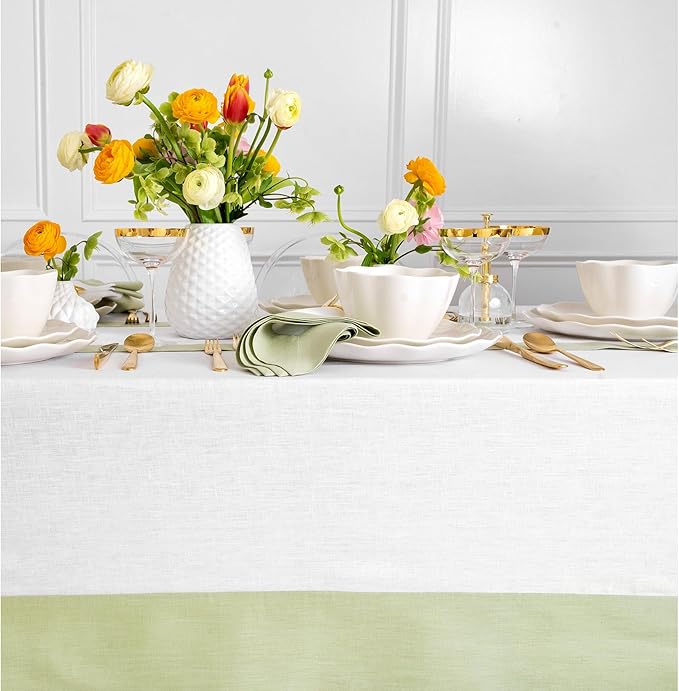 Solino Home Linen Tablecloth 60 x 90 Inch - 100% Pure Linen Sage Green and White Tablecloth for Rectangle Tables - Contempo, Machine Washable Table Cloth for Winter, Spring, Easter, St Patricks Day