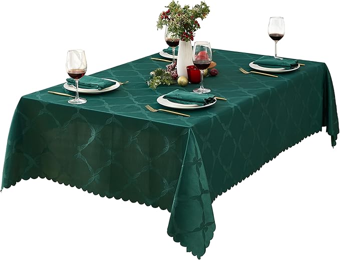 Newbridge Rectangle Tablecloth, 60 x 144 Inch, Spring and Easter Ribbons and Bows Damask, Wrinkle and Stain Resistant Fabric Table Cloth, Holiday Evergreen