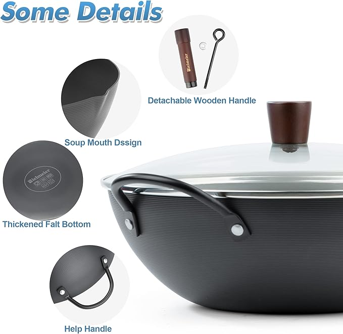 BIELMEIER Carbon Steel Wok, 12.5 Inch Stir Fry Pan with Lid, Natural Non-Stick Flat Bottom Wok for All Cooktops, Pre-Seasoned for Asian Cuisine, Sauté, Searing