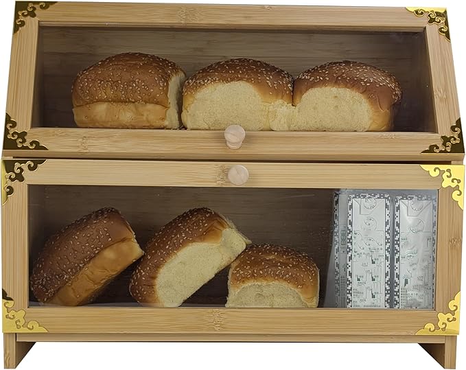 ARTAWEIN Extra Large Bamboo Corner Bread Box for Kitchen Countertop - Double Layer, Airtight Bread Bin and Holder, Natural Bread Storage Container, Ideal Natural Breadbox Keeper for Homemade Breads
