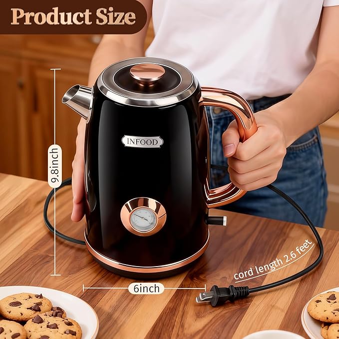 INFOOD Retro Electric Kettle 1.7L/57oz with Thermometer - 1500W Fast Boiling Stainless Steel Hot Water Tea Kettle, BPA-Free, Cordless, Auto Shut-Off, Boil-Dry Protection, Black