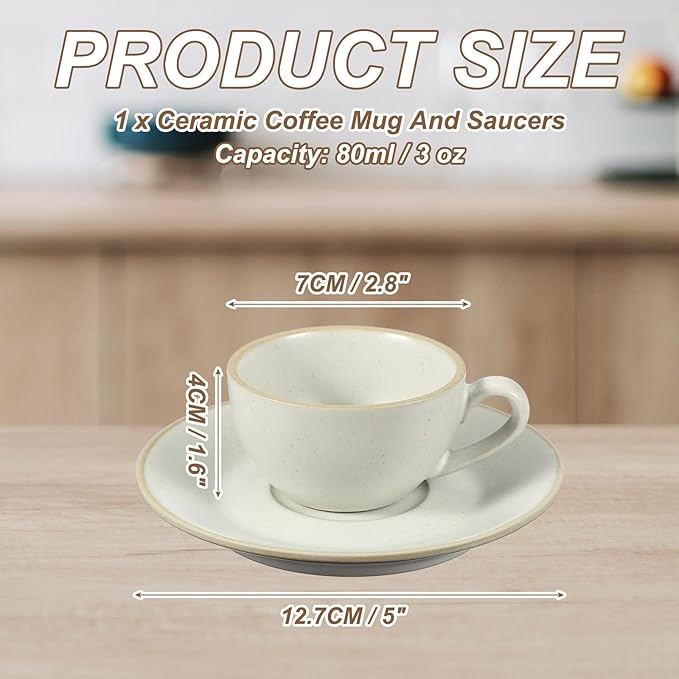 uxcell Handmade Vintage Espresso Cups, 9.5 oz Coffee Cups and Saucers Ceramic Tea Cup with Handle Dishwasher and Microwave Safe for Latte Cappuccino Milk Office Home Gifts, Morandi White