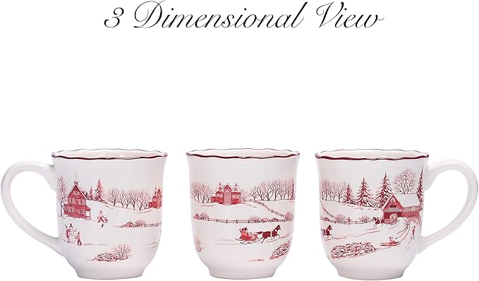 Bico Toile De Jouy Winter Wonderland Ceramic Mug Set of 4, Christmas Coffee Mugs, 16oz Holiday Cups for Tea, Cocoa, or Hot Drinks, Microwave & Dishwasher Safe