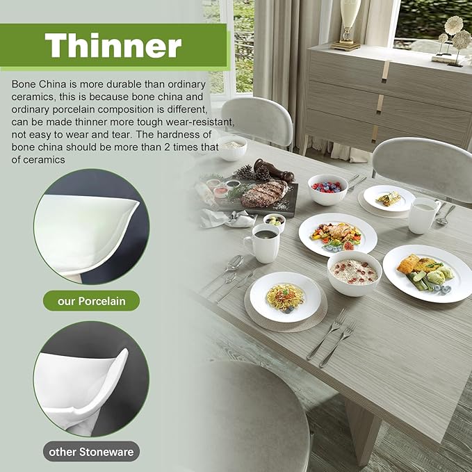 Yoshy 12-Piece White Bone China Dinnerware with Lightweight Durable Chip Resistant Design Service for 4 (16 Piece - Service for 4, Streamsong)