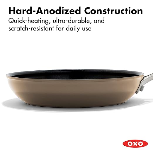 OXO Enhanced 10” Nonstick Frying Pan Skillet, Ceramic PFAS-Free Cookware, Stainless Steel Handle, Eggs & Omelets, Dishwasher & Oven Safe, Biscuit Brown
