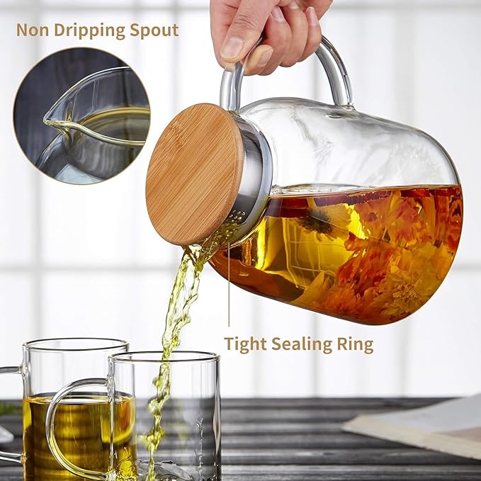 Large Glass Teapot with Infuser, Stovetop Safe, Thickened Heat Resistant Borosilicate Glass, 68 fl oz Glass Tea Kettle with Bamboo Lid
