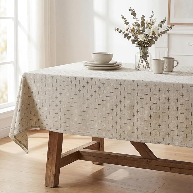 Horaldaily Beige Rectangular Table Cloth, Cross-Star Solid Textured Embroidery Tablecloth, Wrinkle Free Washable 52×70 Inch Table Cover for Kitchen, Party, Wedding, Picnic, Outdoor