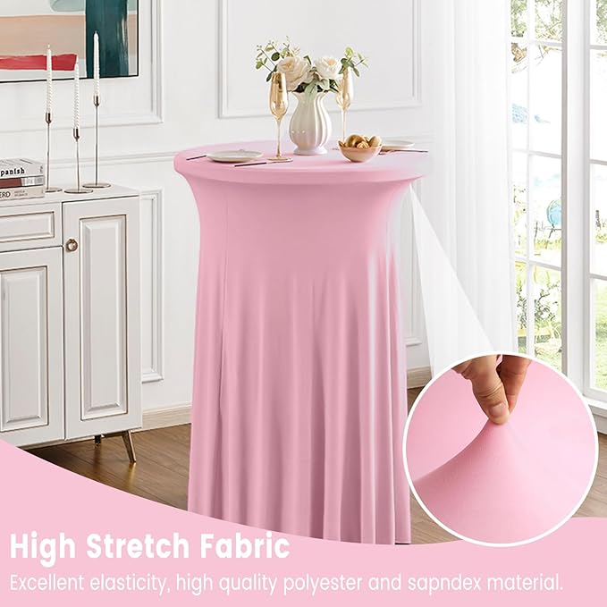 Qubjus 2 Pack Round Cocktail Table Covers with Skirt Stretch Spandex Tablecloth 24"x43" Cocktail Round Tablecloth for Party Wedding Birthday Banquet, Pink