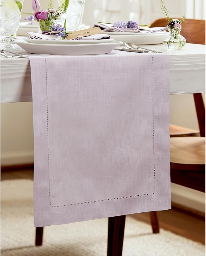Solino Home Linen Lilac Table Runner 72 Inches Long - 100% Pure Linen Hemstitch Table Runner 14 x 72 Inch for Dresser, Dining, Valentines, Spring, Easter - Classic Hemstitch