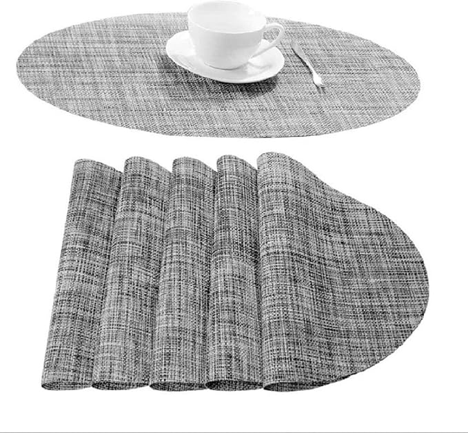 Oval Placemats for Dining Table PVC Table Mat for Home Party Thanksgiving Table Decoration Plate Mat(Tuo Grey,6 pcs)