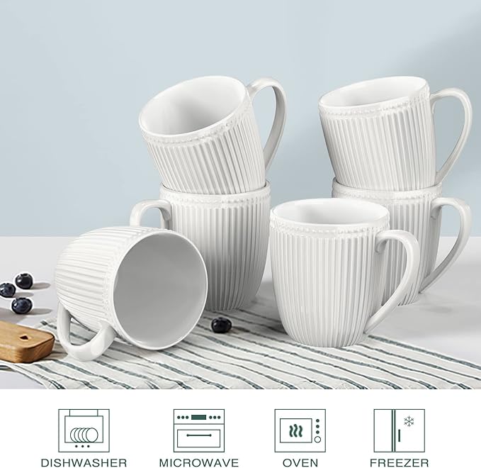 Coffee Mugs Set of 6, 16 Oz White Coffee Mugs, Porcelain Mugs, Large and Easy to Grip Mug Sets, Embossed Coffee Cup Set for Coffee, White