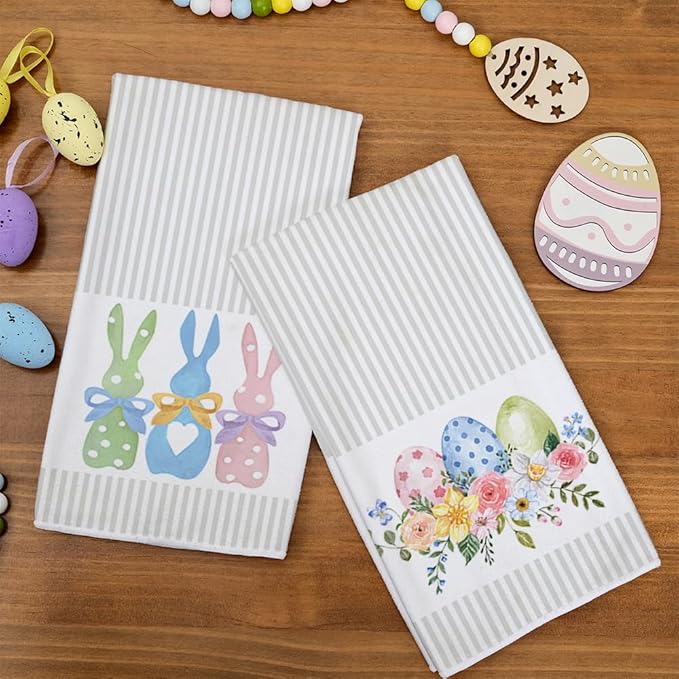 ARKENY Easter Kitchen Towels Set of 2,Beige Pink Bunny Floral Eggs Dish Towels 18x26 Inch Drying Dishcloth,Farmhouse Home Seasonal Spring Decorations AD217