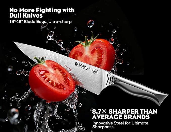 BRODARK Kitchen Knife Set with Block - 15-Piece Knife Block Set with Built-in Sharpener - High Carbon Stainless Steel Kitchen Knives Set for Kitchen - Shark Series