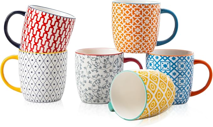 Ceramic Coffee Mugs Set - 10 Oz Large Porcelain Tea Cups with Handle for Cappuccino Latte Cocoa Milk Tea - Christmas Housewarming Gift - Microwave Dishwasher Safe - Set of 6 - Assorted Colors