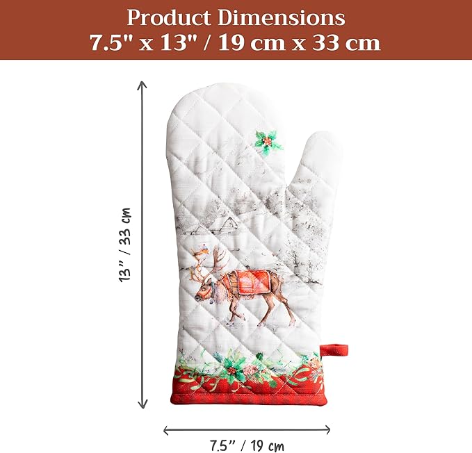 Maison d' Hermine Oven Gloves 100% Cotton Oven Mitt 7" x 13" with Loop Heat Resistant Cooking Gloves for Thanksgiving Christmas Decorations Baking Handling Hot Pans (Pack of 1, Christmas Tradition)