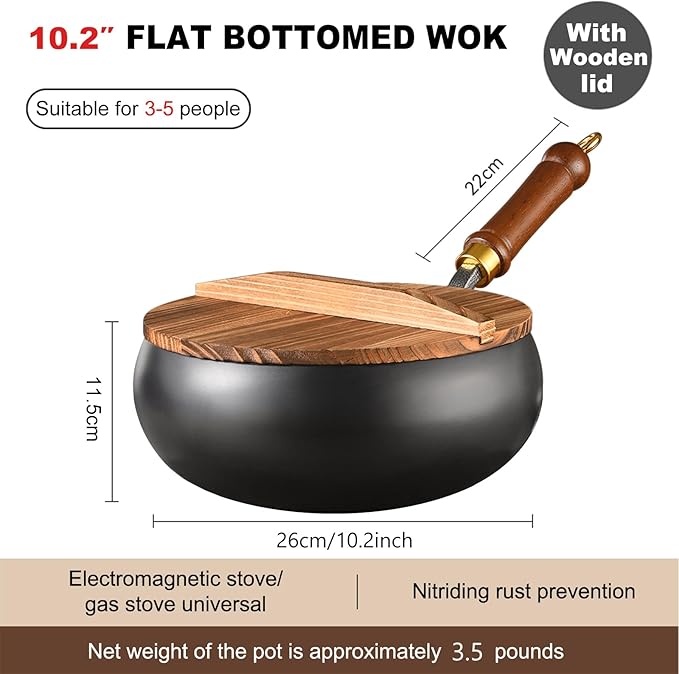 Carbon Steel Wok Pan, 10.2" Woks & Stir-Fry Pans with Wooden Lid Cookwares, Nonstick Wok Flat Bottom Small Handmade Chinese Wok For for All Stoves