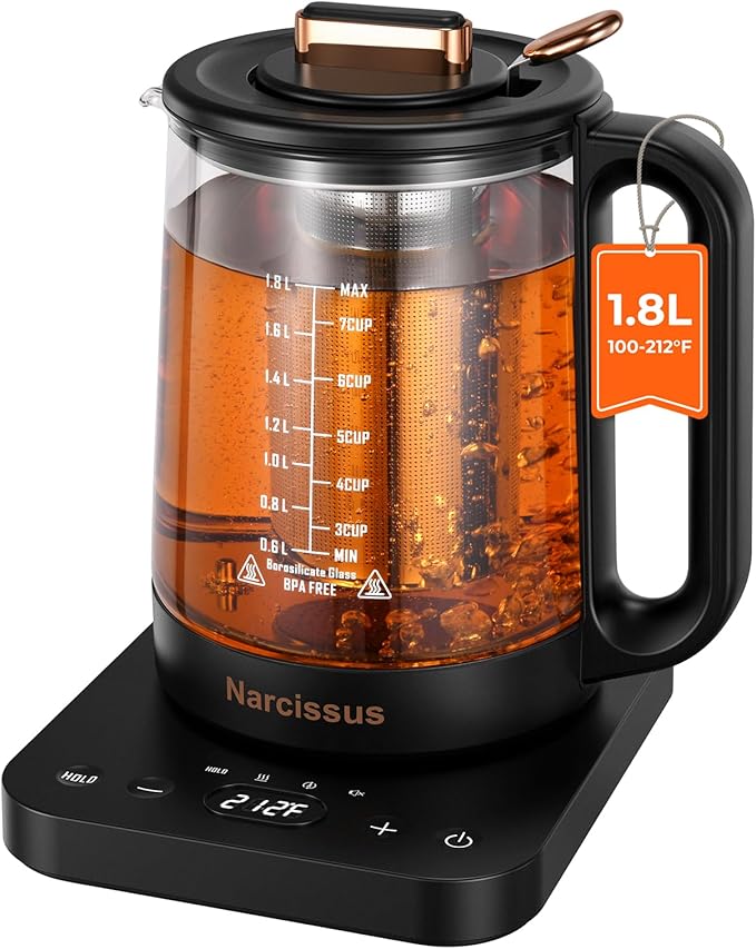Narcissus Electric Kettle Temperature Control ±5℉, 1.8L Glass Electric Tea Kettle with Removable Infuser for Flowers & Fruit Tea, 1200W Fast Boiling, 6 Hours Keep Warming, Black