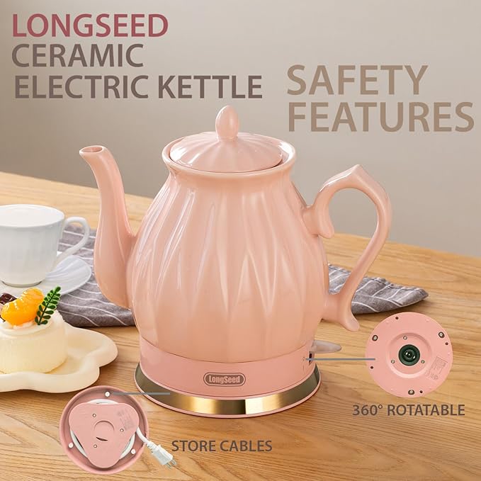 Ceramic Electric Kettle, 1.5L/1200W Boil Water Quickly and Easily with Boil-Dry Protection Auto Shut Off, Detachable Swivel Base, Diamond Cut Glazed
