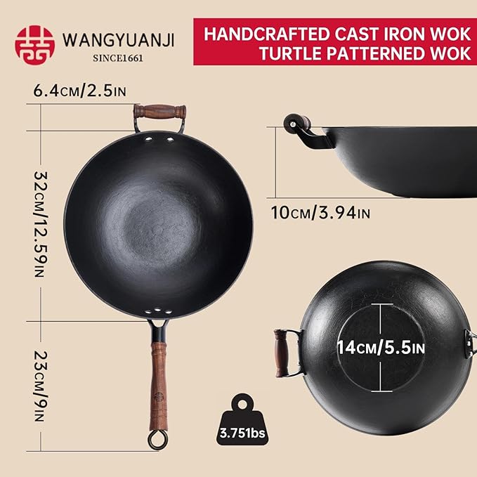 WANGYUANJI Cast Iron Wok,12.59 inch Flat Bottom Wok with Glass Lid,Suitable for All Cooktops, Uncoated Craft Pot Healthy Cooking Pot