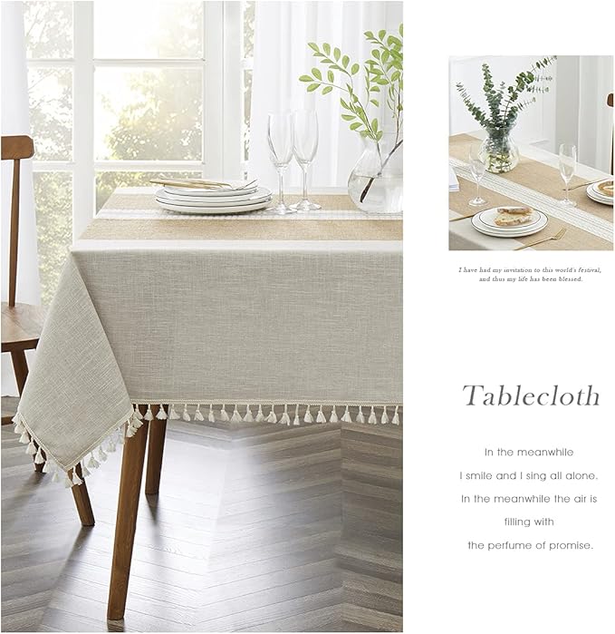 QIANQUHUI Embroidered Tablecloth for Dining Table,Dust Proof Spillproof Soil Resistant Cotton Linen Rectangle Table Cloths (Coffee, Rectangle/Oblong, 55'x120'', 10-12 Seats)