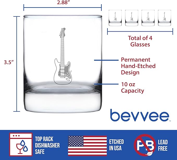 Bevvee Electric Guitar Rocks Glass - Music Gifts for Guitar Players, Teachers and Musical Accessories for Musicians that Play Guitar - Set of 4-10.25 Oz Glasses