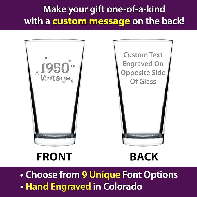 Custom Vintage 1950 Pint Glass for Beer - Personalized Birthday Gifts for Men or Women - Fun Bday Party Decor - 16 oz
