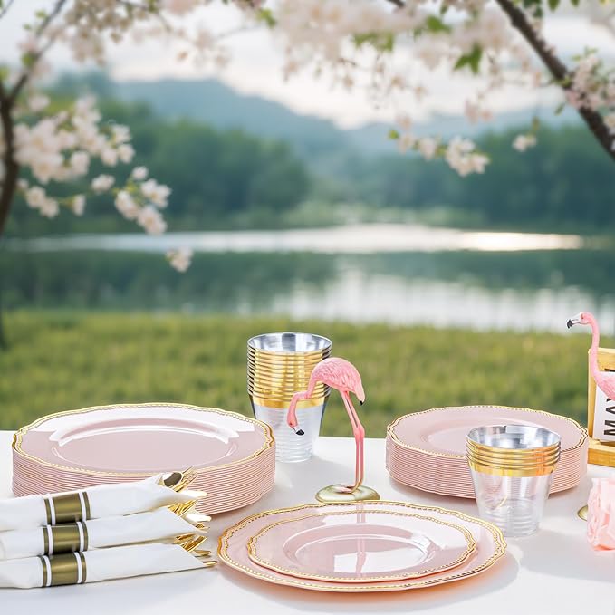 Hioasis 175pcs Pink and Gold Plastic Plates - Pink Plastic Dinnerware Set Includes 25 Dinner Plates, 25 Dessert Dinnerware, 25 Cups, 25 Napkins Perfect for Wedding & Valentine's Day