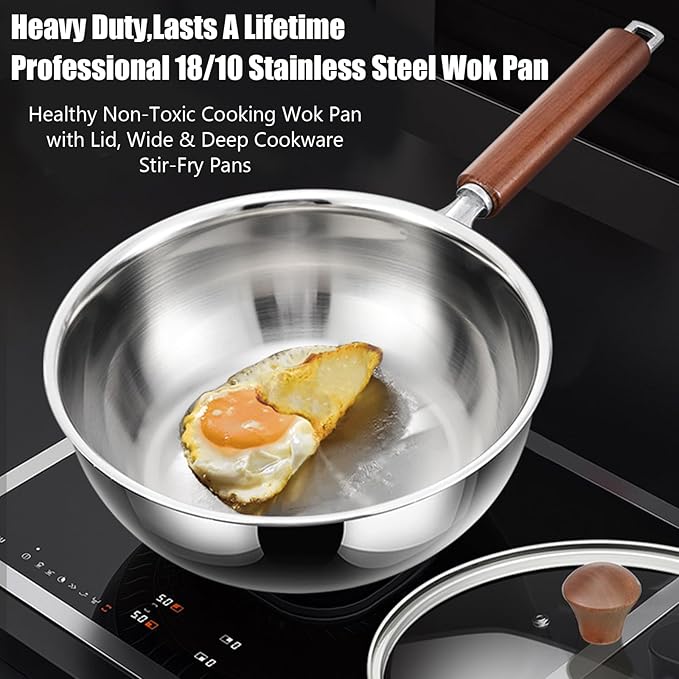 5-Ply Stainless Steel Wok Pan with Lid, Wide & Deep Cookware Stir-Fry Pans, Non-Stick Wok, Scratch-Resistant Pans for Cooking,Compatible with All Cooktops,Wok,9.45IN