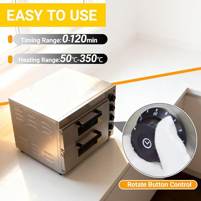 16 inches Commercial Double-Deck Oven 3KW Electric Stainless Steel Pizza Baking Oven 50℃-350℃(122℉-572℉) Independent Temperature Control 220V