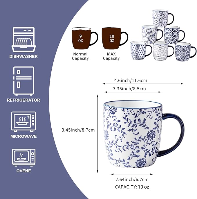 Ceramic Coffee Mugs Set - 10 OZ Large Porcelain Tea Cups with Handle for Cappuccino Latte Cocoa Milk Tea - Christmas Housewarming Gift - Microwave Dishwasher Safe - Set of 6 - Vintage Blue