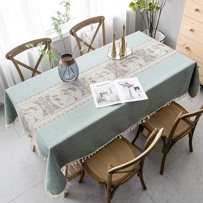 Pahajim Linen Tablecloth Rustic Rectangle Table Cloth Cotton Striped Tassels Tablecloths for Kitchen Dining Table Cover Rectangle/Oblong,55''x87'', 6-8 Seats