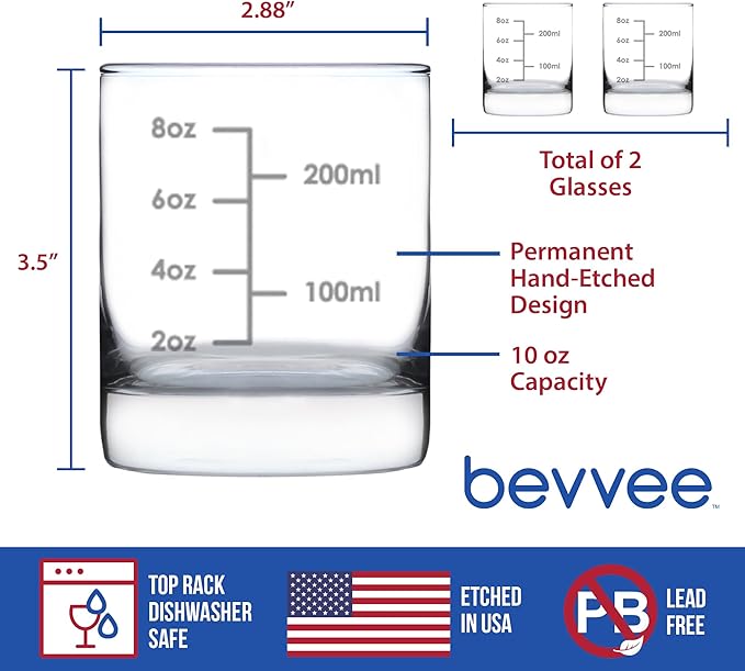 Bevvee Cocktail Measuring Cup - Whiskey Rocks Glass - Engraved Measurement Lines for Bartender & Portion Control - Ounces and Metric - Set of 2-10.25 oz Glasses