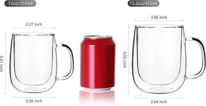 CNGLASS Large Double Wall Glass Coffee Mug 15.2oz,Clear Insulated Glass Espresso Cup with Big Handle,set of 1