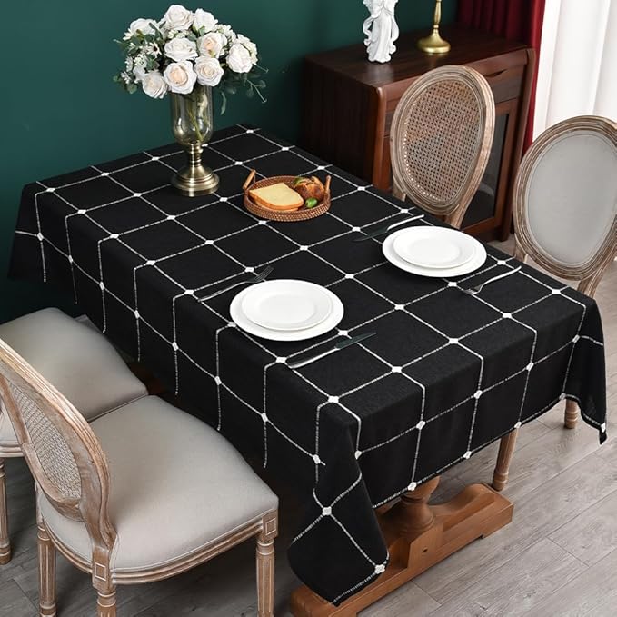 Zobesta Linen Tablecloth Black Table Cloth Rectangle Table 70 x 53 Inch, Heavy Weight Washable Farmhouse Soft Gingham Tablecloth for Party, Holiday, Picnic, Dining, Outdoor