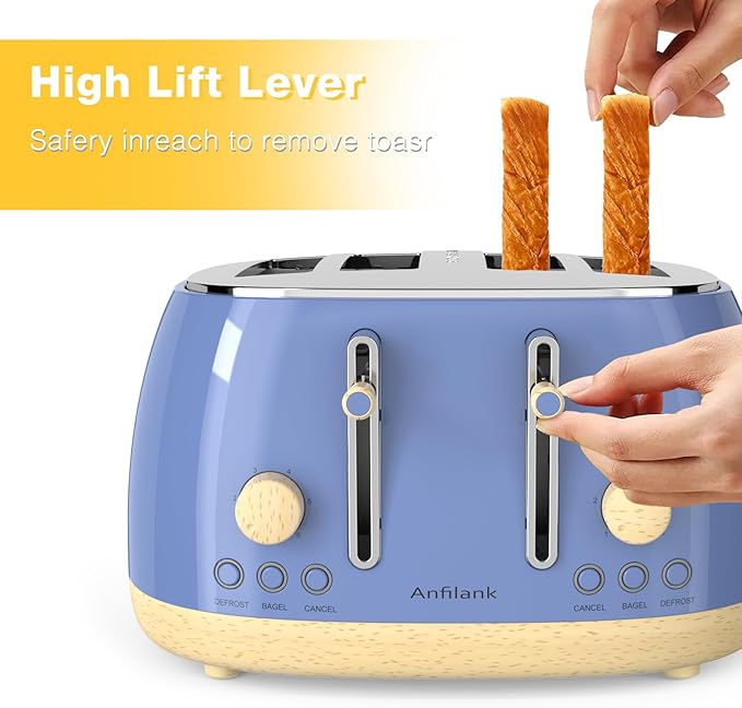 Toaster 4 Slice,Retro Stainless Steel Toaster with Extra Wide Slots Cancel, Bagel, Defrost Function, Dual Independent Control Panel, Removable Crumb Tray and High Lift Lever (Sapphire Blue)