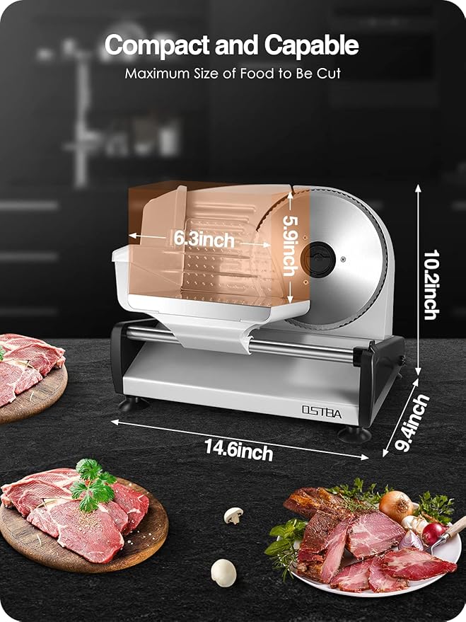OSTBA Electric Deli Meat Slicer, 200W Food Slicer with 0-15mm Adjustable Thickness, 7.5” Removable Stainless Steel Blade & Food Carriage, Child Safety Lock, Easy to Clean - For Home Use
