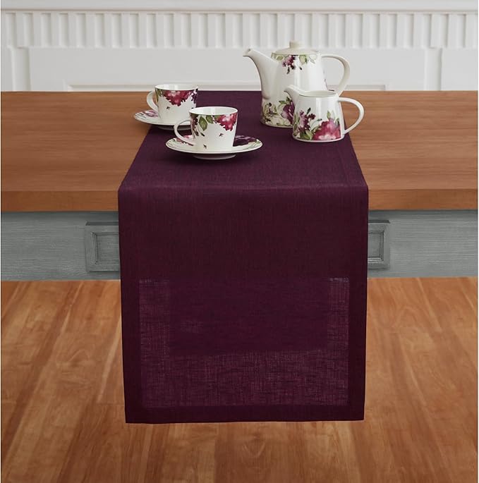 Solino Home Linen Short Table Runner 60 Inches - Athena, 100% Pure Linen Chambray Burgundy Table Runner 14 x 60 Inch Ideal for Dresser and Coffee Tables - Valentines