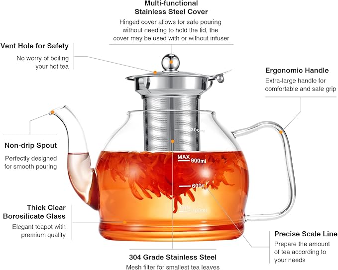 Tea Pot Set – 1200ml Glass Teapot with Removable Stainless Steel Infuser, and 4 Glass Teacups, Stovetop Safe Tea Kettle Gift Set, Blooming and Loose Leaf Tea Maker Set