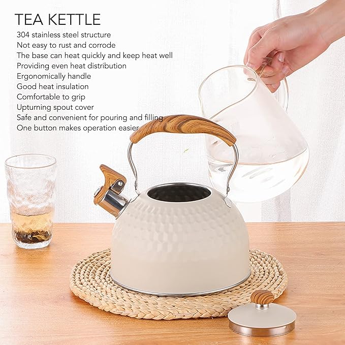 Stainless Steel Tea Kettle stove top kettle whistling Tea Pots for Stove Top Food Grade Whistling Tea Kettle with Wood Pattern Folding Handle for Tea Coffee Milk